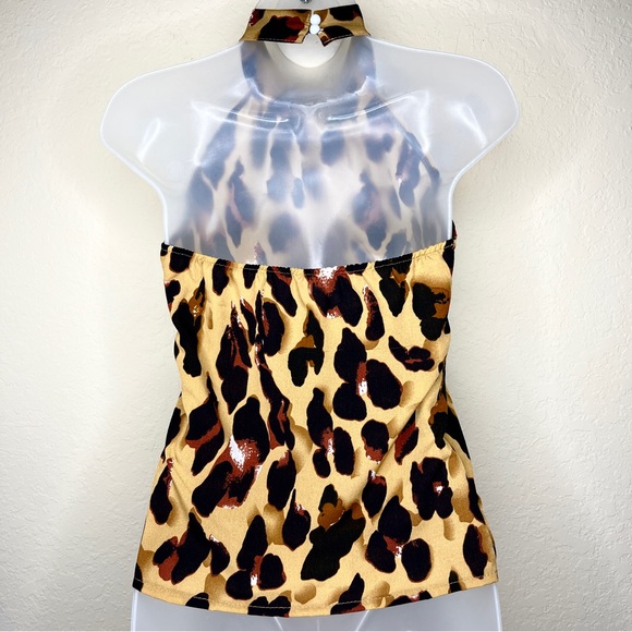 Yumeng Fushi Leopard Blouse Size S Sleeveless Stretch Halter Collar Shirt Top - Picture 3 of 13